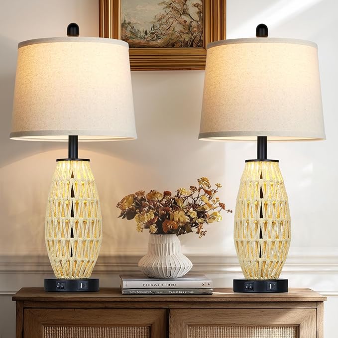 27“ Beige Boho Rattan Table Lamps with Night Light, Natural Bedroom Lamps Set of 2 with USB A+C Charging Ports, Rustic Farmhouse Woven Wicker Bedside Nightstand Lamp for Living Room End Tab - Bloomnest