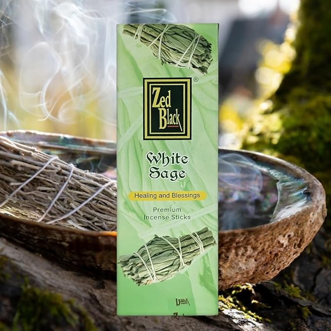 Zed Black White Sage Incense – 20 Sticks Hand Rolled Sticks | Premium Aromatherapy Incense for Relaxation, Stress Relief, Prayer & Spiritual Rituals.