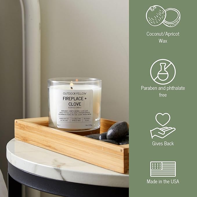 Outdoor Fellow Fireplace and Clove Scented Candle, 8oz, Coconut & Apricot Wax Blend, Bergamot, Clove Buds, Cedarwood, Reusable Glass, 40-50 Hour Burn Time - Bloomnest