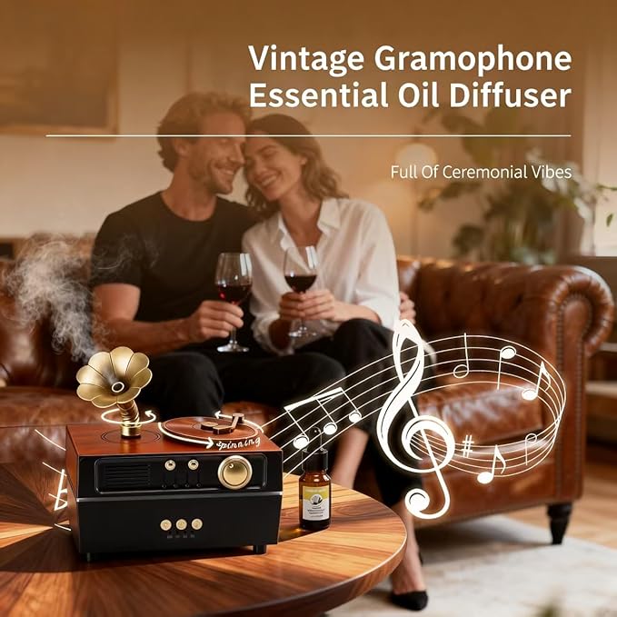 Daroma Essential Oil Diffuser, Retro Phonograph Design with Music Player, 7-Color LED Lights, Low-Noise Aromatherapy Humidifier for Home Office, Unique Gift Idea (Black) DaromaLife