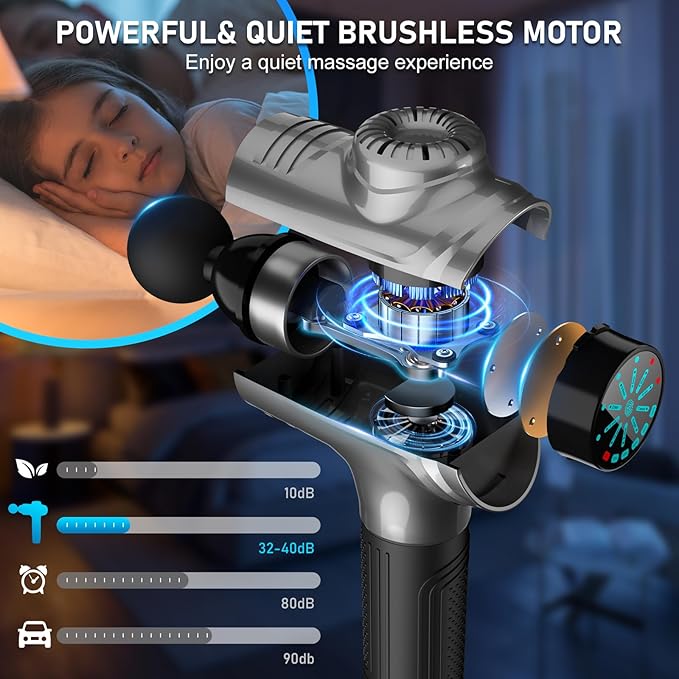 RAEMAO Massage Gun, Massage Gun Deep Tissue, Back Massage Gun for Athletes for Pain Relief Attaching 10 PCS Replacement Heads, Percussion Massager with 10 Speeds & LED Screen, Grey - Bloomnest