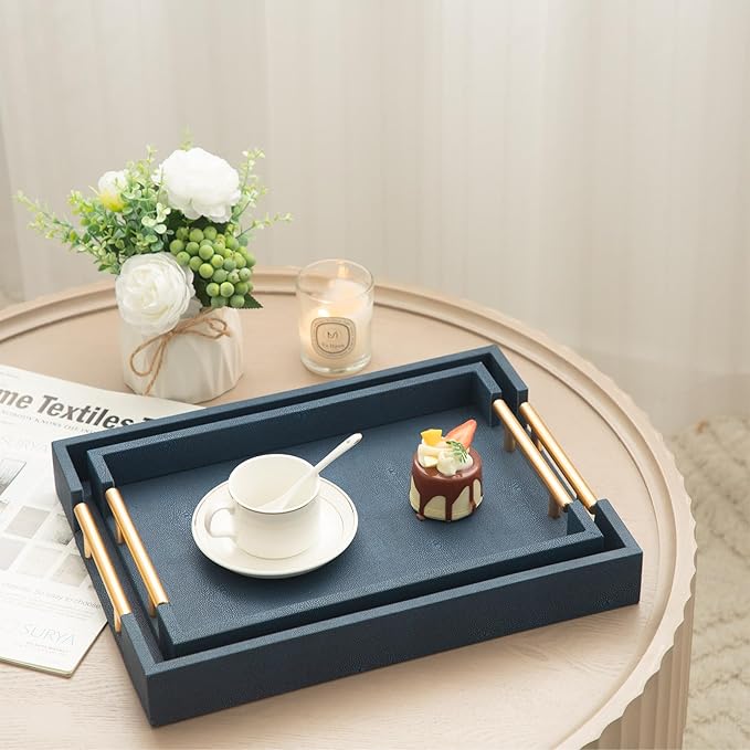 Modern Decorative Tray Set of 2, Blue Shagreen Leather Tray, Rectangle Serving Trays with Gold Polished Metal Handles, Ottoman Trays Coffee Table Perfume Kitchen Home Decor - Bloomnest