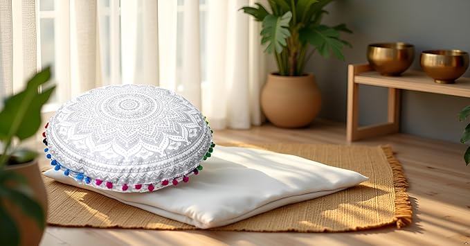 CRAFT KALA Boho Large Floor Pillow Pouf Cover Mandala Meditation Room Pillow Cover for Adults Round Bohemian Seating Pouf Cushion Cover for Kids Playroom 22" Silver Matellic Ombre - Bloomnest