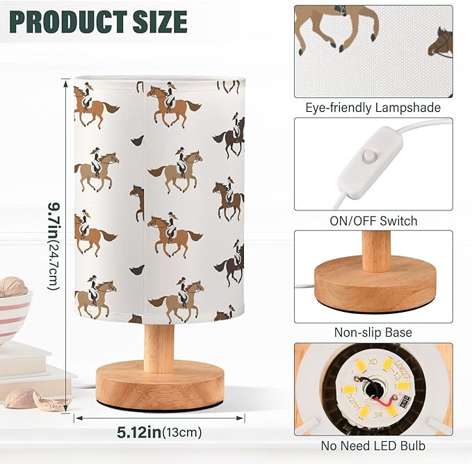 Table Lamp Cowgirl on Horse Pattern Nightstand Lamp with Wood Base Fabric Lamp Shade Bedside Desk Lamp for Living Room Bedroom Kids Room Office - Bloomnest