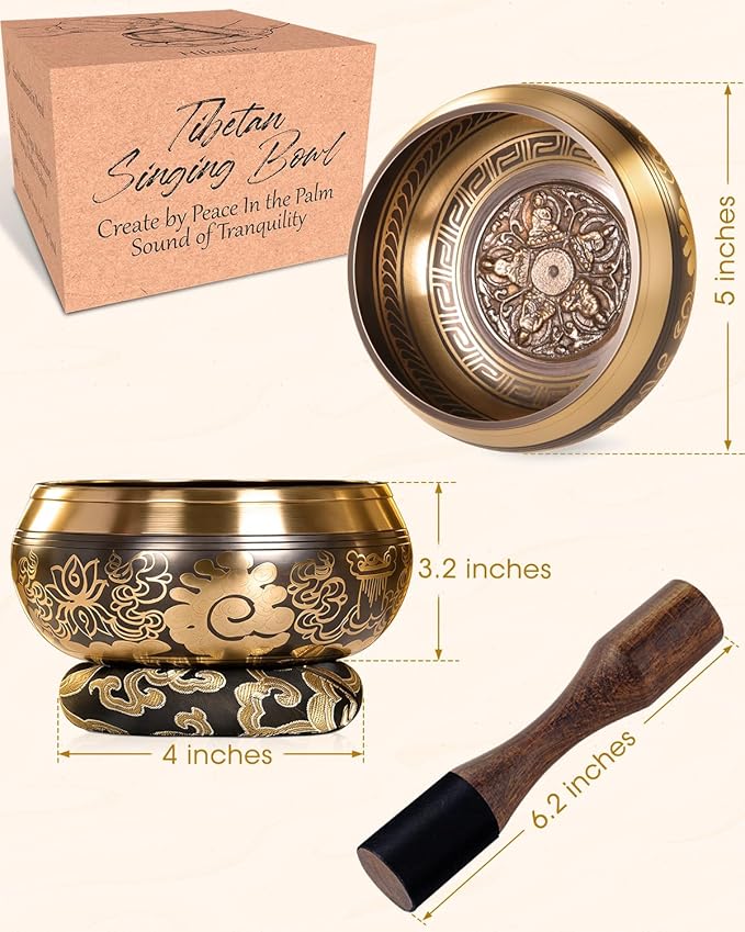 Tibetan Singing Bowls Set Authentic - Handmade in Nepal Sound Bowl for Yoga, Chakra, Meditation, Stress Relief Tool, Meditation Accessories and Unique Gifts for Women, Men RelaehihforEveryone