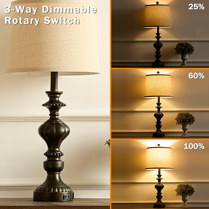 27.5" Farmhouse Table Lamps Set of 2 Bedside Nightstand Lamp with USB C+A Ports & AC Outlet, 3 Way Dimmable Touch Lamps for Bedroom Living Room Office Rustic Lamp (Rotary Switch-Black) - Bloomnest