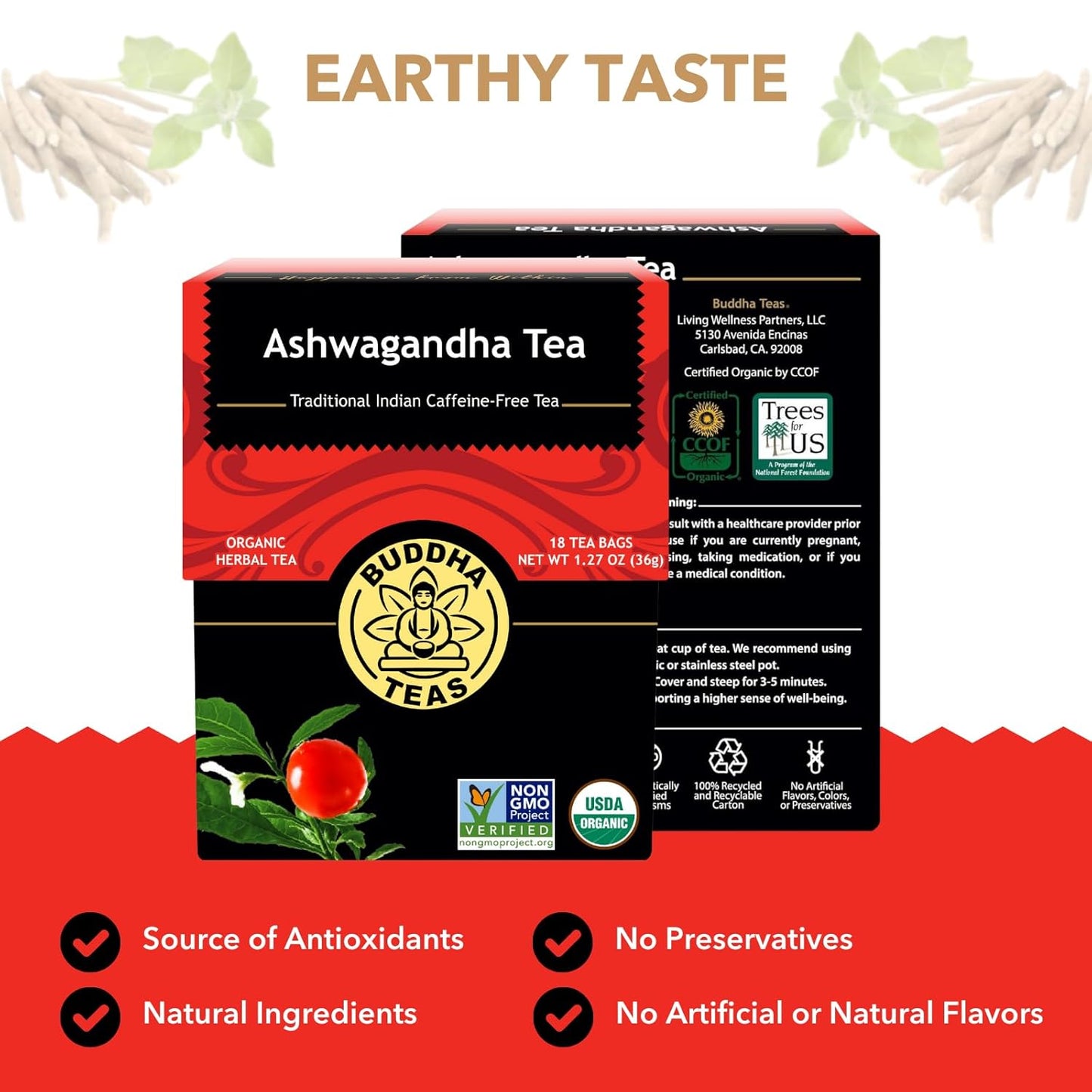 Buddha Teas - Ashwagandha Root Tea - Herbal Tea - Promote Cleansing & Wellness - With Antioxidants & Minerals - Clean Ingredients - Caffeine Free - OU Kosher - 18 Tea Bags (Pack of 1)