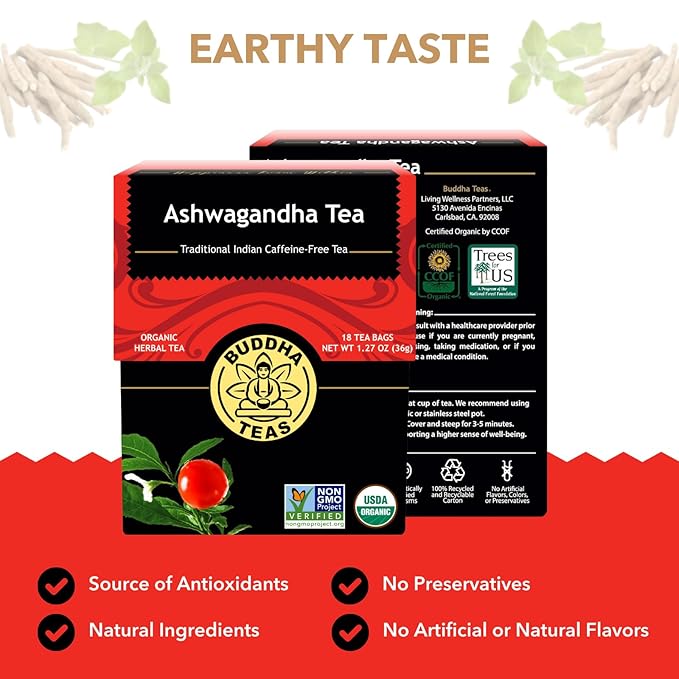 Buddha Teas - Ashwagandha Root Tea - Herbal Tea - Promote Cleansing & Wellness - With Antioxidants & Minerals - Clean Ingredients - Caffeine Free - OU Kosher - 18 Tea Bags (Pack of 1) - Bloomnest
