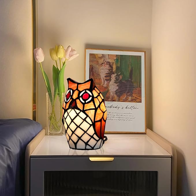 Tiffany Lamp Stained Glass lamp Small Bedside Table Lamps for Living Room Home Decor,Girls Women Birthday Halloween Christmas Thanksgiving Day Gift,Owl - Bloomnest