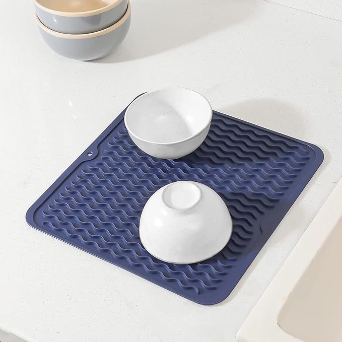 Silicone Dish Drying Mat for Multiple Usage,Easy clean,Eco-friendly,Heat-resistant Silicone Mat for Kitchen Counter or Sink,Refrigerator or Drawer liner Navy Blue M 12 inches x 12 inches - Bloomnest