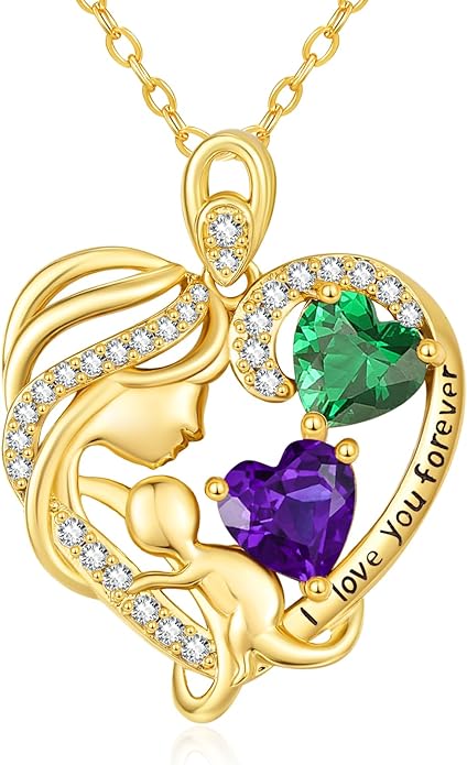 14K Gold Double Birthstone Heart Necklace for Women Mom, Mother Son/Daughter Pendant Necklace for Christmas Mother's Day Birthday Gifts for Wife Daughter Grandmom - Bloomnest
