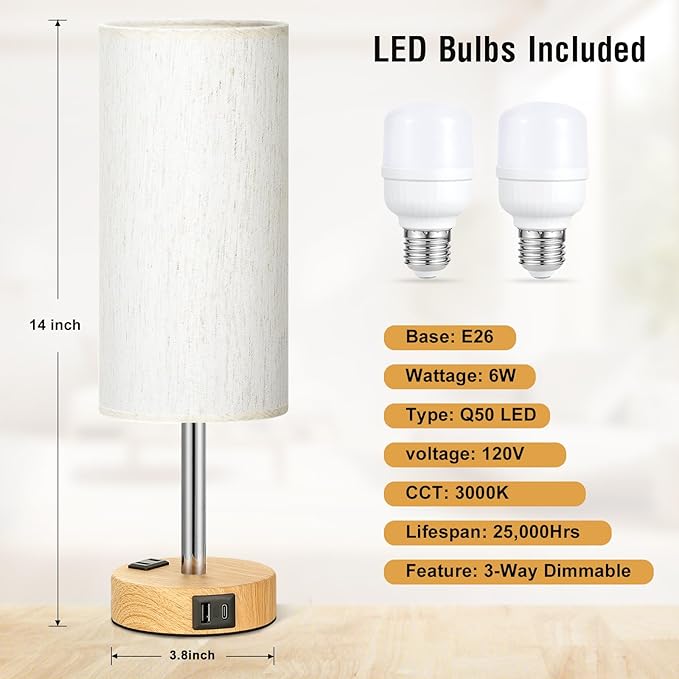 Fenmzee Small Touch Table Lamps Set of 2-3-Way Dimmable, USB A + C Charging, AC Outlet, Wood Grain Base, Bulbs Included - Bloomnest