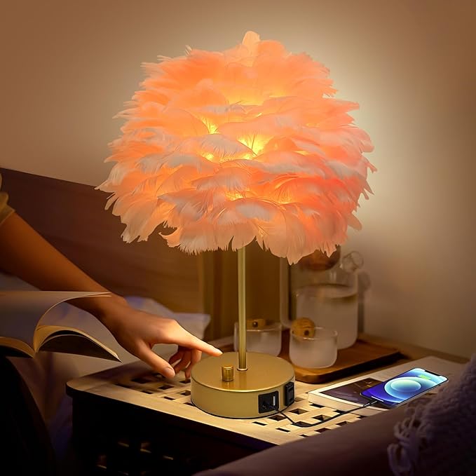 ZYLEIESENBAO Pink Feather USB Charger Table Lamp Feather Bedside Lamp Cute Nightstand Lamp with Outlets Princess Desk Light for Girl Bedroom Living Room Entryway Hotel Wedding Women's Gift Decoration - Bloomnest
