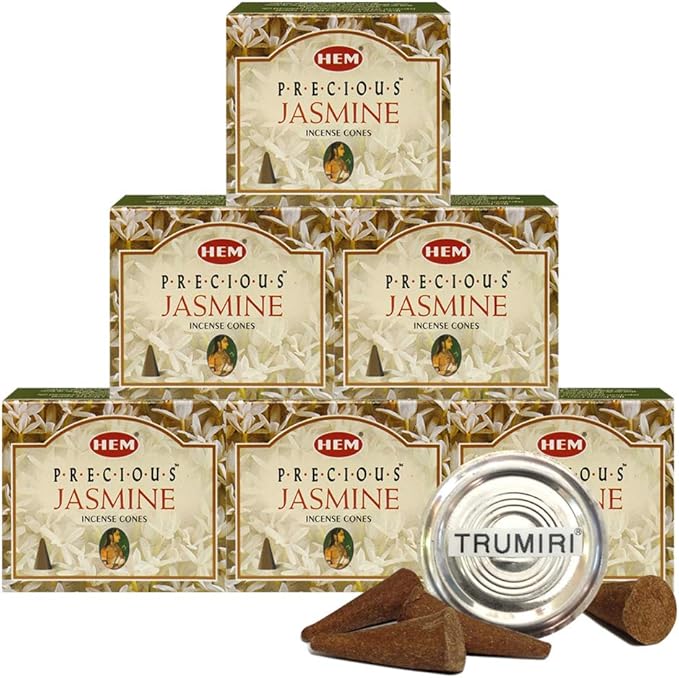 TRUMIRI Incense Cone Holder Bundle with Hem Precious Jasmine Incense Cones - Pack of 6 (Approx 60 Cones) TRUMIRI