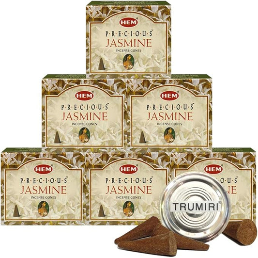 TRUMIRI Incense Cone Holder Bundle with Hem Precious Jasmine Incense Cones - Pack of 6 (Approx 60 Cones) TRUMIRI
