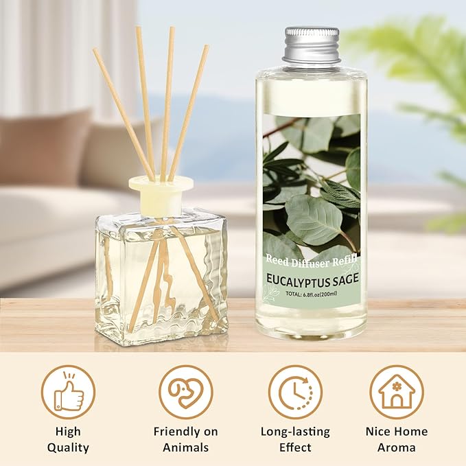 STRN Reed Diffuser Oil Refill, Eucalyptus Sage Scented Reed Diffuser Set, 6.8 fl.oz（200ml, Reed Diffuser Refill for Home Fragrance, Bedroom, Bathroom Office Home Decor - Bloomnest
