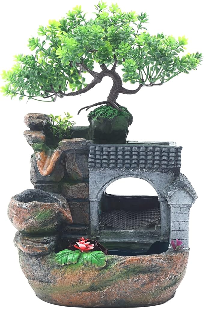 Rockery Tabletop Fountain, Chinese Feng Shui Waterfall Desktop Water Fountain Decor with LED Light, Rockery Tabletop Decoration with Windmills, Plant for Office, Home, Bedroom Desk Decoration