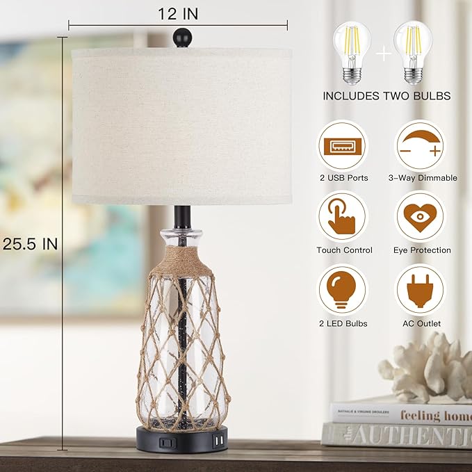 25.5" Coastal Glass Table Lamps Set of 2, 3-Way Dimmable Touch Control Bedside Lamps with 2 USB Ports and AC Outlet, Clear Nautical Nightstand Lamp for Bedroom Living Room (LED Bulbs Included) - Bloomnest