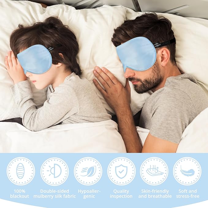 100% Real Natural Silk Eye Mask for Sleeping with Adjustable Strap, 100% Silk Filling Blindfold, Eye Shade for Kids/Teens/Adults, Sleeping Masks for Family (2 Blue) - Bloomnest