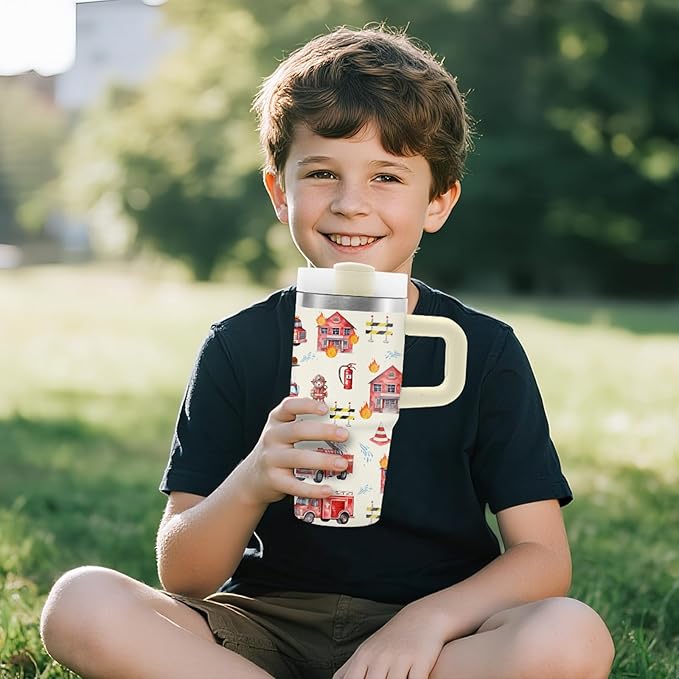 Fire Truck Tumbler with Handle Straw for Kids 14oz, Insulated Stainless Steel Firefighter Cup for Boys, Birthday Gifts for Future Fireman Little Boys Girls - Bloomnest
