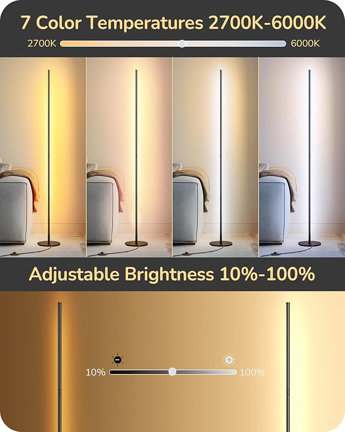 EDISHINE Corner Floor Lamp, Dimmable LED Light with Remote, 3 Color Temperature 3000K-4500K-6000K, 57.5" Modern Black LED Floor Lamp for Bedroom, Living Room, Office - Bloomnest
