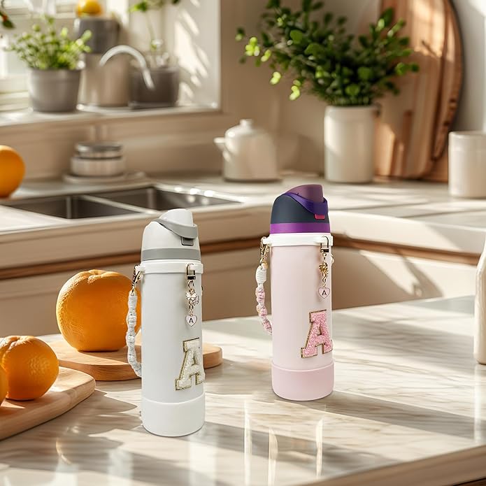 Compatible with Owala Water Bottle Accessories, Cute Letter Charm Set with Boho Handle Strap, Monogram Sticker, Silicone Ring, Keychain Decoration, for FreeSip 24 32 40oz, Owala Kids, Tumbler Gift SITKOL