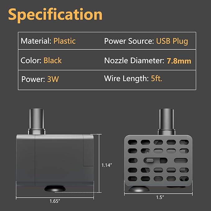 alizzy 50GPH Submersible Water Pump(180L/H, 3w) with USB Plug, Ultra Quiet Water Fountain Pump with 2.6ft. High Lift and 5ft. wire for Aquarium, Fish Tank, Water Feature, Pet Fountain and Hydroponics - Bloomnest