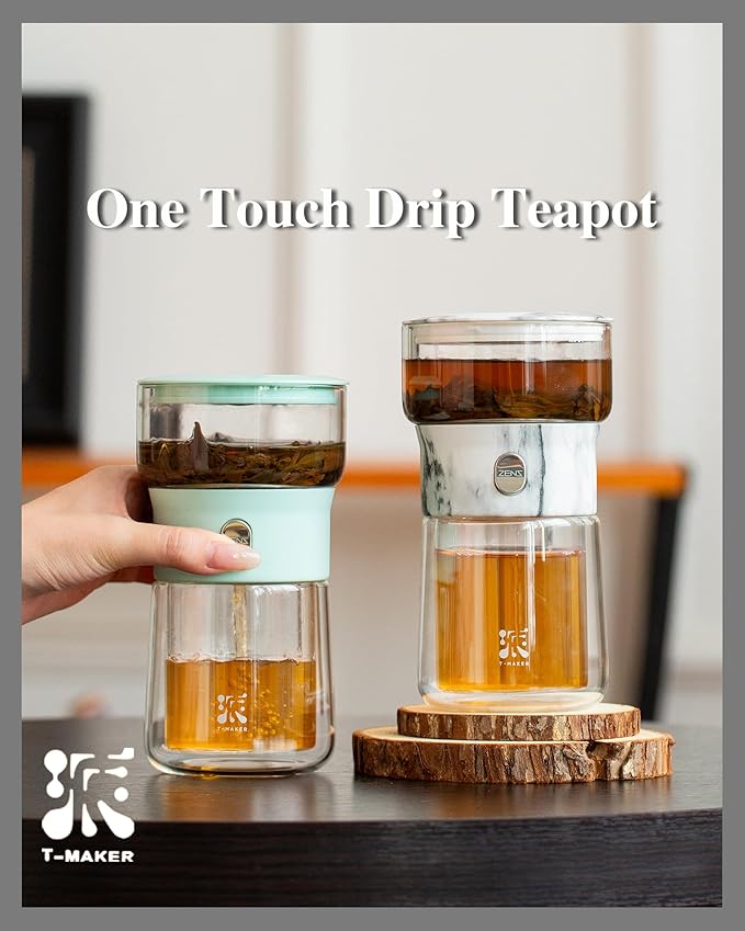 ZENS Modern Small Glass Infuser Teapot, Magic One Touch Drip Tea Pot Infusers for Loose Tea Diffuser, Cool Herbal Teapot with 200ml insulated Cup and Portable Gray Tea Kits for Tea Lovers Gifts - Bloomnest