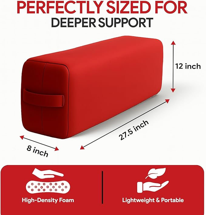 Rectangular Yoga Bolster Pillow for Meditation, Yoga & Back Support – Soft Meditation Cushion with Removable Hand Wash Cotton Cover & Carry Handle (Red) - Bloomnest