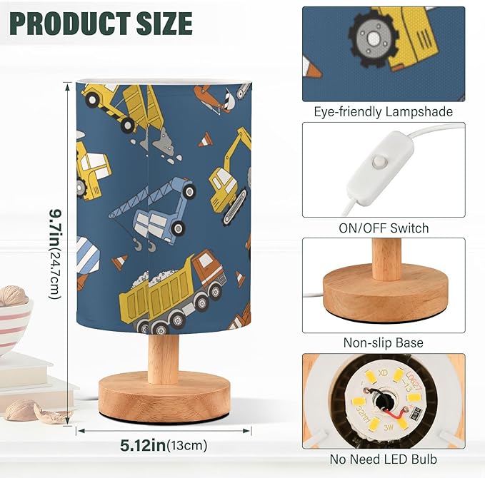 Yuiboo Table Lamps Night Stand Lamps Classic Colorful Construction Trucks Navy Blue Table Lamps for Kids Bedroom de mesa - Bloomnest