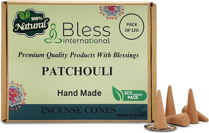 Bless International Patchouli 100%-Natural-Incense-Cones Handmade-Hand-Dipped Organic-Chemicals-Free for-Purification-Relaxation-Positivity-Yoga-Meditation The-Best-scents (120 Count) BlessInternational