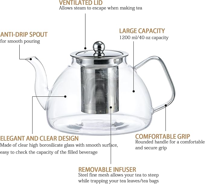 1200ml/40 oz Glass Teapot with 4 Double Wall Teacups and Removable Stainless Steel Infuser, Tea Sets for Adults, Clear Tea Kettle Stovetop Safe for Loose Leaf and Blooming Tea, Tea Maker Gift - Bloomnest
