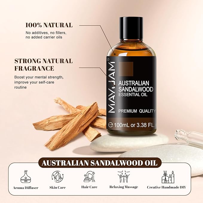MAYJAM Australian Sandalwood Essential Oils 3.38 FL.OZ Pure Australian Sandalwood Oil for Massage Skin Care Hair Care Diffuser Candle and Soap Making - 100ml - Bloomnest