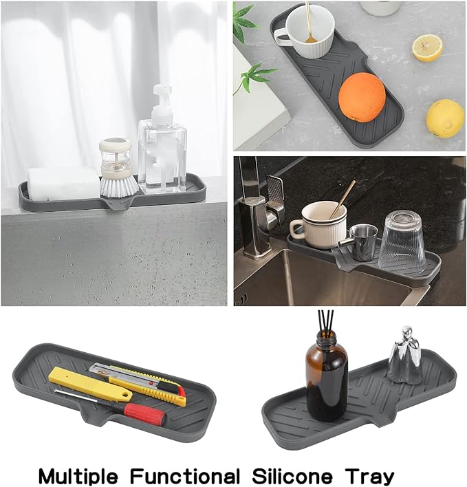 Silicone Bathroom Soap Dishes with Drain Spout-Bathroom and Kitchen Sink Organizer,Sponge Holder,Dish Soap Tray,Perfect for Dispenser,Scrubber,Bottle,Cup on Sink or Counter-Grey 12"×4" - Bloomnest
