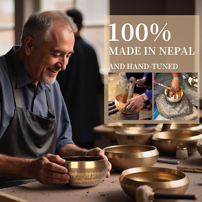 AKLOT HandMade Meditation Singing Bowl: Tibetan Sound Bowl Set with Pure Tone, Sound Bath Bowl with Cushion, Mallet, Carry Bag, Spiritual Gift for Chakra Clearing, Yoga, Prayer, Relaxation (5 Inch) - Bloomnest