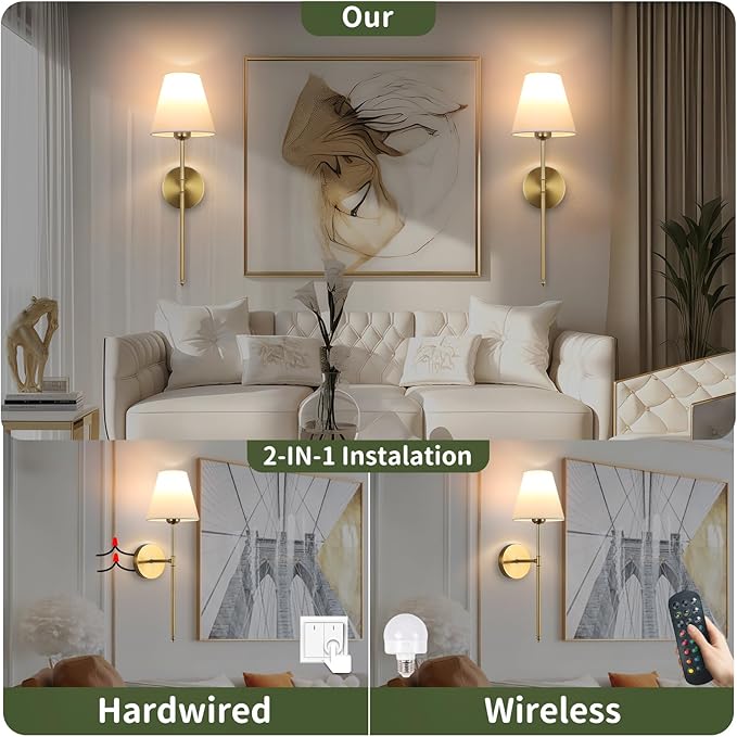 Battery Operated Wall Sconce Set of 2, 15 Colors Wireless Wall Light With Dimmable Remote Control Last 18-50 Hours, Gold Rechargeable Wall Lamp With White Fabric Shade For Living Room Bedroom Hallway - Bloomnest