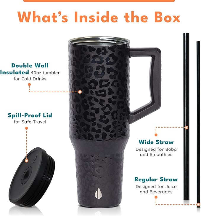Elemental 40 oz Tumbler with Handle and Straw - Spill Proof Insulated Stainless Steel Commuter for Hot and Cold Beverages - Travel Coffee Mug with 2 Straws & Spill Proof Lid - 40oz - Black Leopard - Bloomnest