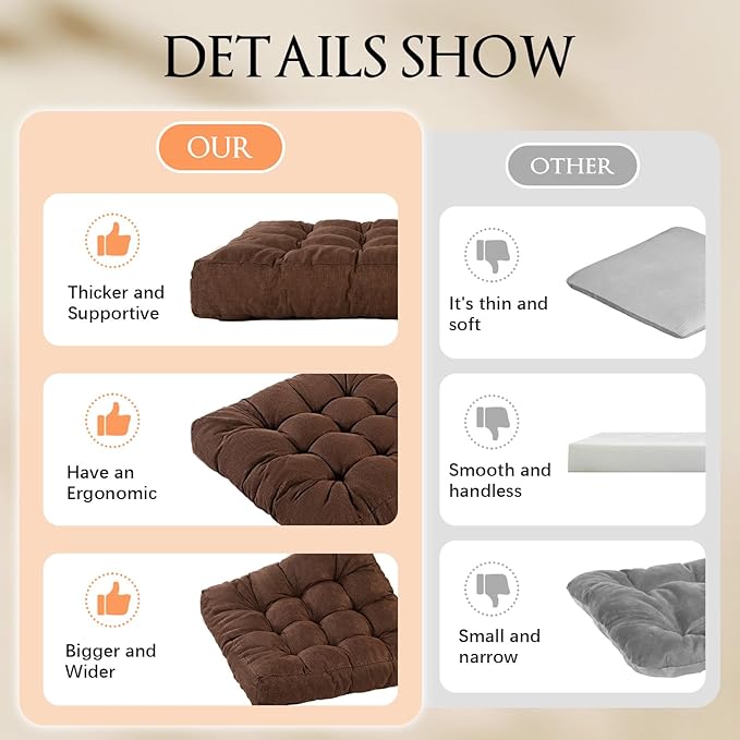 Meditation Floor Cushions Set of 2, Thickened Floor Pillow for Adults, Large Square Pillows Seat Cushion for Tatami Living Room Yoga, Memory Sponge Block Added, 22x22 Inch, Brown