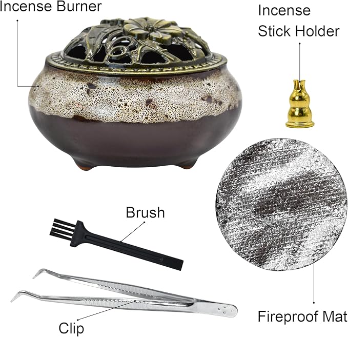 MrMrKura Ceramic Incense Burner with Lid, Incense Holder for Sticks Incense Cone Holder with Brass Incense Stick Holder for Yoga Meditation Home Decor (Fambe Grey) - Bloomnest