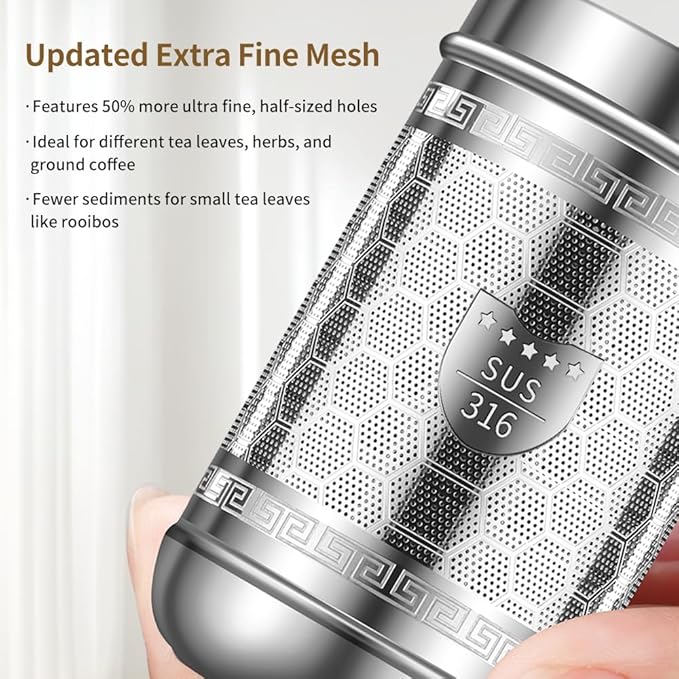 Tea Strainers for Loose Tea, Extra Fine Mesh Tea Infuser, 316 Stainless Steel & Updated Slim Threaded Lid, Loose Leaf Tea Steeper for Black Tea, Rooibos, etc (1 Pack - Large) - Bloomnest