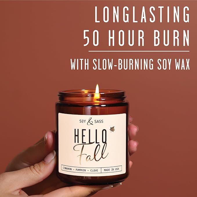 Fall Candles - 'Hello Fall Scented Candle' w/Cinnamon, Pumpkin & Fir I Infused with Essential Oils Autumn Scented Soy Candles for Home Décor, 9oz Reusable Jar, 50Hr Burn, Made in USA - Bloomnest