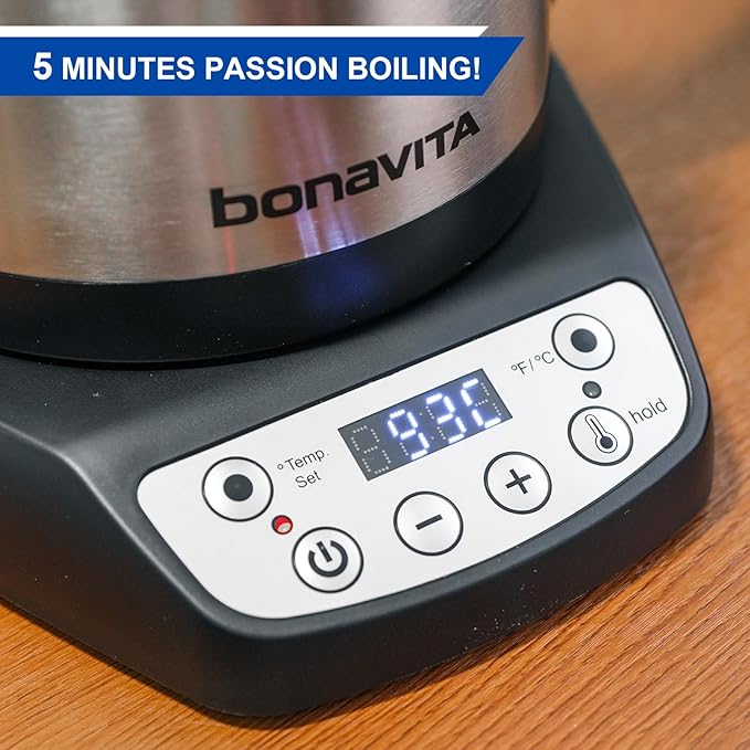 Bonavita 1L Digital Variable Temperature Gooseneck Electric Kettle for Coffee Brew and Tea Precise Pour Control, 6 Preset Temps, Café or Home Use, 1200 Watt, LED Panel, Stainless Steel - Bloomnest