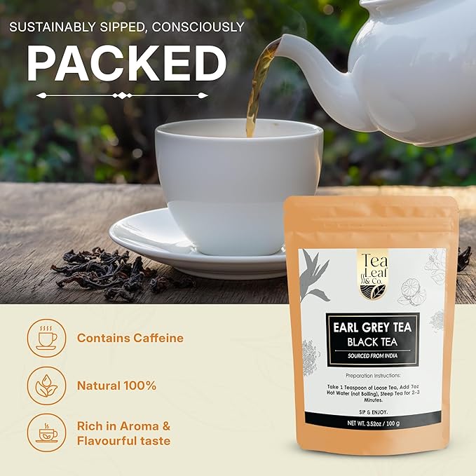 Tealeaf & Co. Earl Grey Black Tea Blended with Bergamot Extract (Loose Leaf Form) - Premium Sweet & Sour Flavored Tea - Contains Low Caffeine - Upto 50 Servings (3.52oz/100gm) - Bloomnest