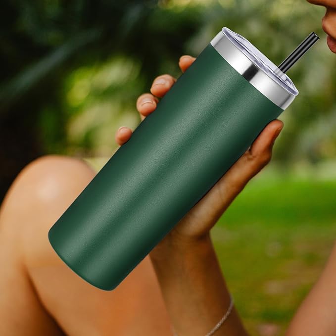 VEGOND Stainless Steel Skinny Tumbler, 20 oz Vacuum Insulated Tumbler with Lid and Straw, Double Wall Coffee Cup, Travel Mug for Cold Hot Drinks, Dark Green 1 Pack - Bloomnest