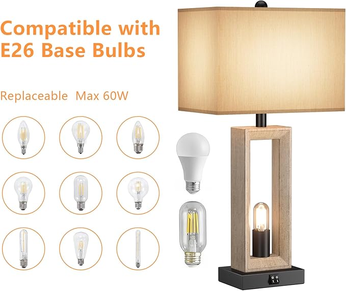 Set of 2 & 25" Retro Vintage Farmhouse Table Lamps for Living Room Bedroom Nightstands Decor Lamps with USB A+C Port , 3-way Dimmable Bedside Lamps included 4 LED Bulbs for End Table Entryway - Bloomnest