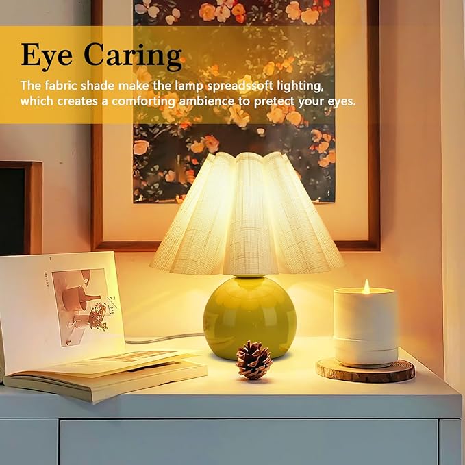 Green Small Touch Control Table Lamp for Bedroom, Green Bedside Lamps for Nightstand, Cute Mini Small Table Lamps for Small Spaces with Scalloped Shade for Kitchen Counter, Bookshelf, Living Room - Bloomnest