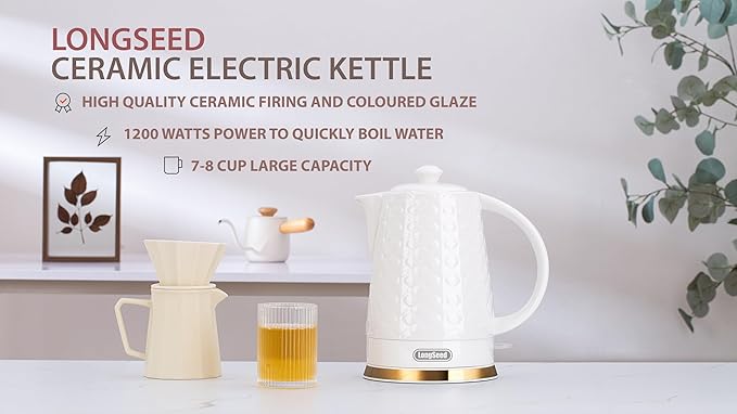Ceramic Electric Kettle, 1.5L/1200W Boil Water Quickly and Easily with Boil-Dry Protection Auto Shut Off, Detachable Swivel Base, White Relief Carving - Bloomnest