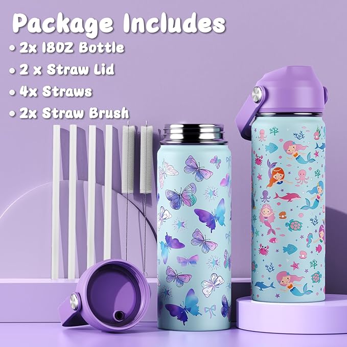 18oz Kids Insulated Water Bottle with Straw Lid - 18/8 Stainless Steel Kid Cup Travel Tumbler Double Wall Vacuum Leak Proof Portable Toddler Water Bottle (Butterfly+Mermaid） - Bloomnest