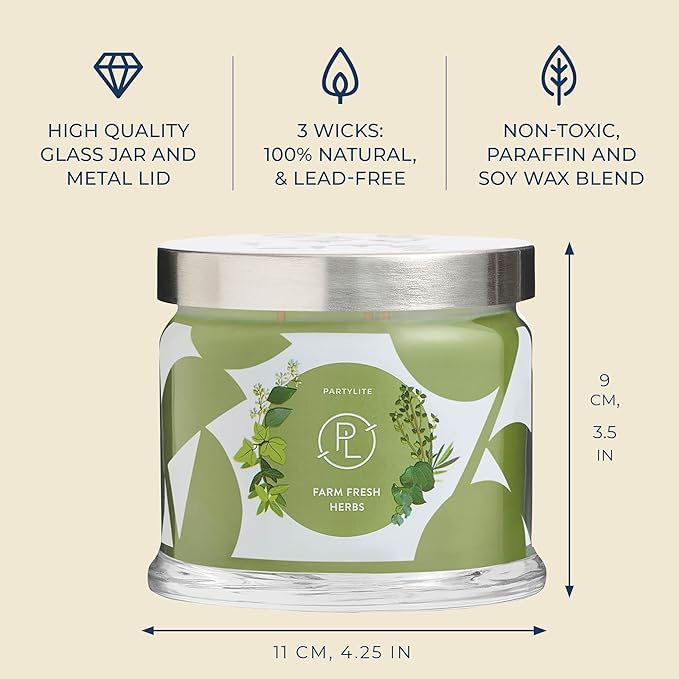 PartyLite Farm Fresh Herbs Scented, Notes of Eucalyptus, Thyme, Garden Mint, Cedarwood & Patchouli, 13.2oz 3-Wick Jar Candle, 45 Hour Burn Time, Luxurious Fragrance, Ideal for Gifting - Bloomnest