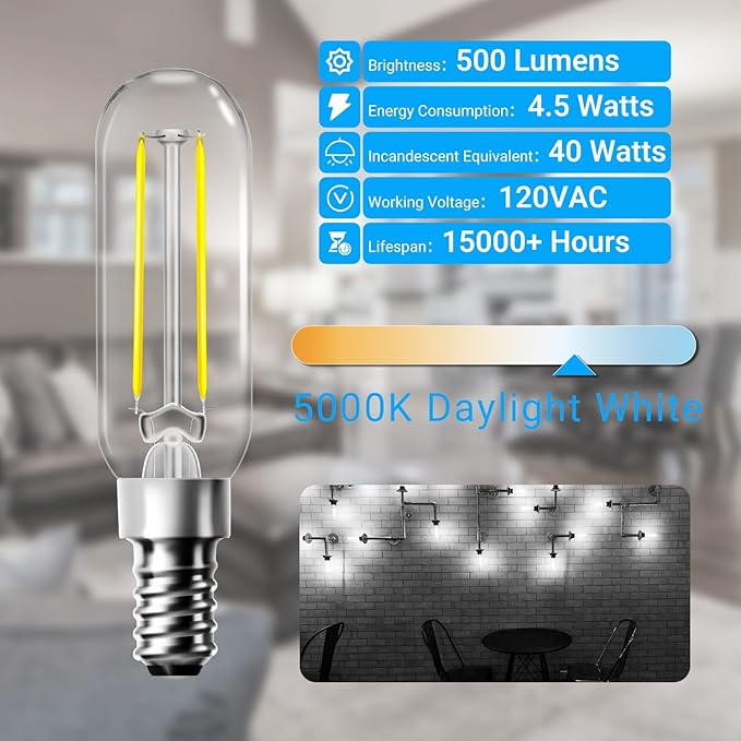 dalattin T6 LED Light Bulbs, 40W Equivalent Dimmable 5000K Daylight White Small Lightbulbs, Efficient 4.5W T25 Decorative Bulbs, E12 Base, 120V, for Chandelier Ceiling Fan Wall Sconce, 500lm, 12 Pack - Bloomnest